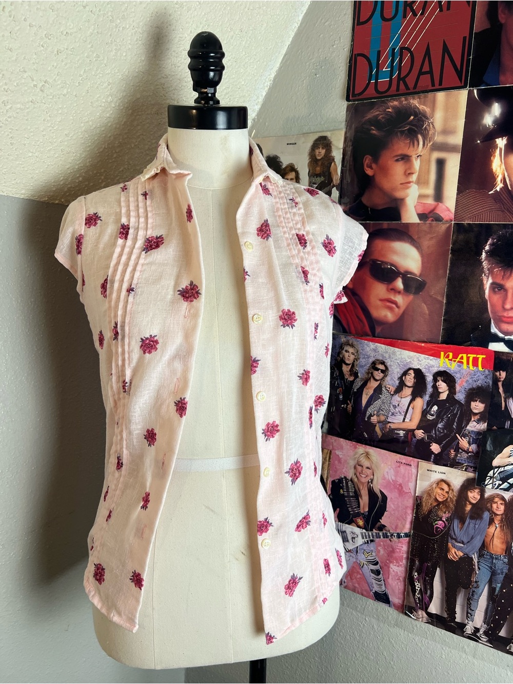 Pink Floral Cap-Sleeve Button-Down Shirt